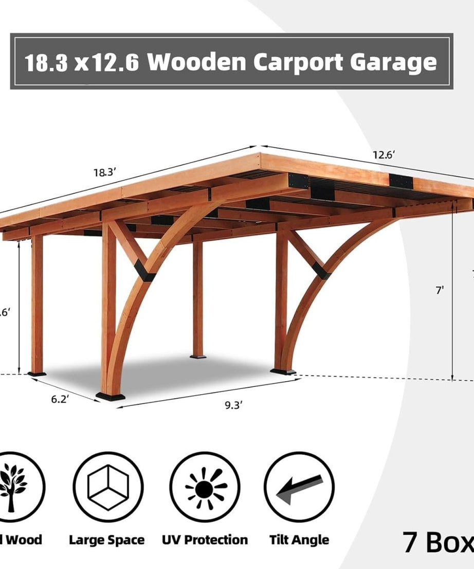 [12X18FT] Alora Premium Heavy-Duty Pine Wood Arc-Shaped Carport With Metal Roof (SAK94716)