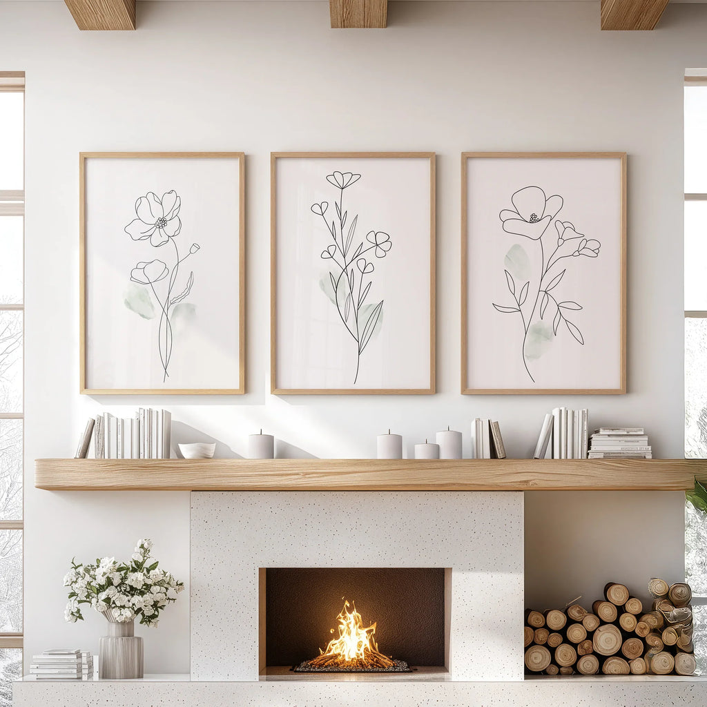 Modern Botanical Line Art Decor. 3 Piece Floral Print Set