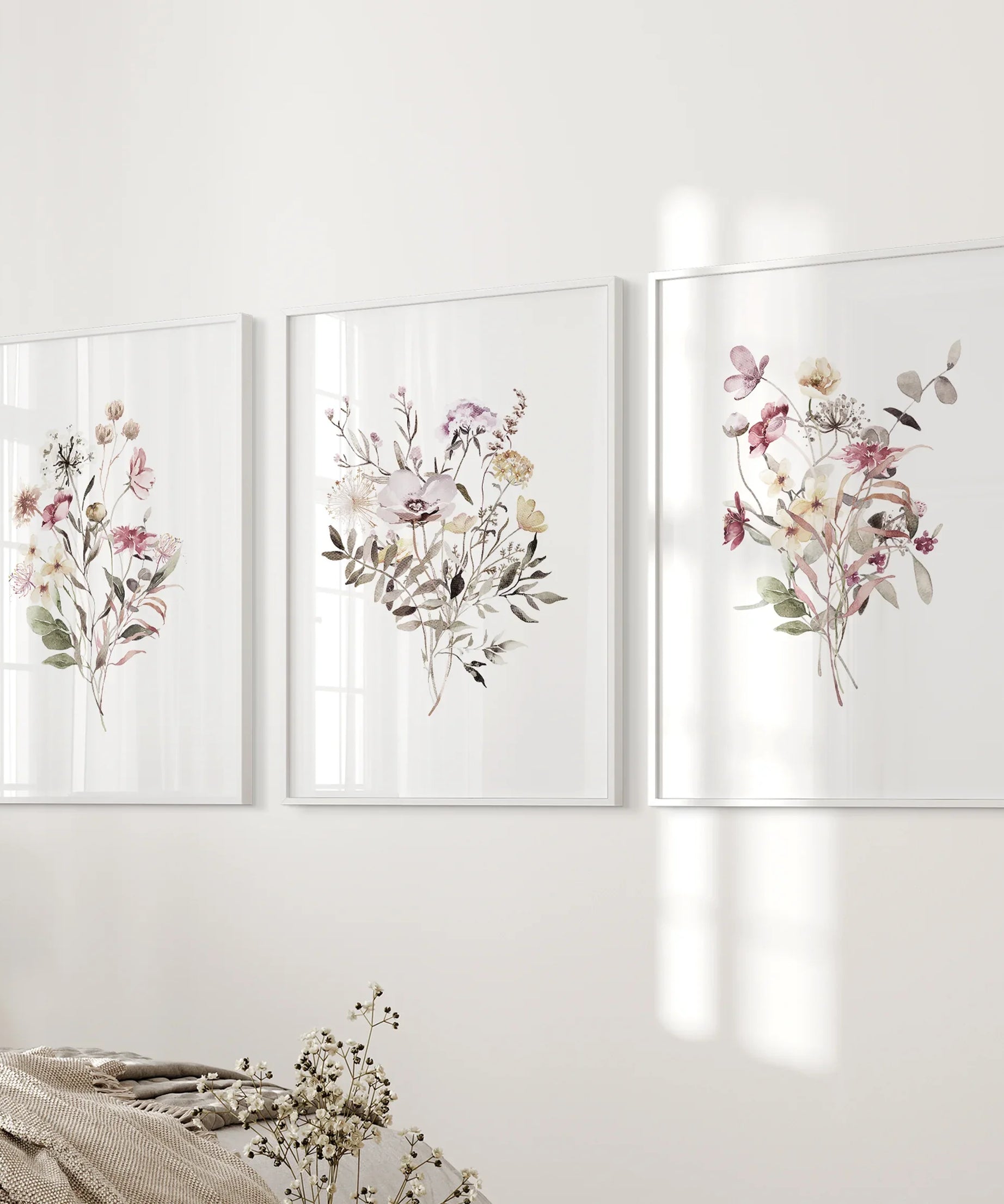 Floral Art Set of 3. Watercolor Wildflower Bouquet Prints
