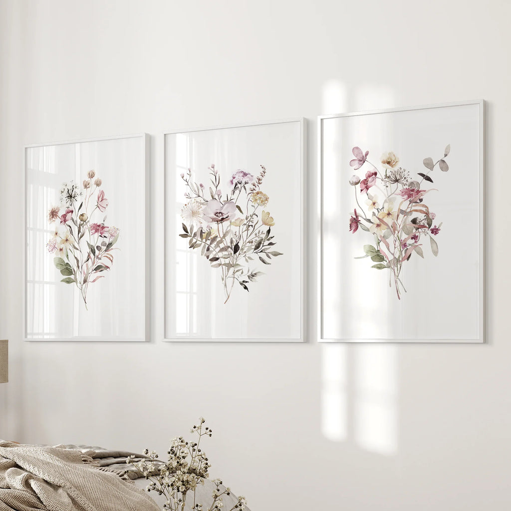 Floral Art Set of 3. Watercolor Wildflower Bouquet Prints