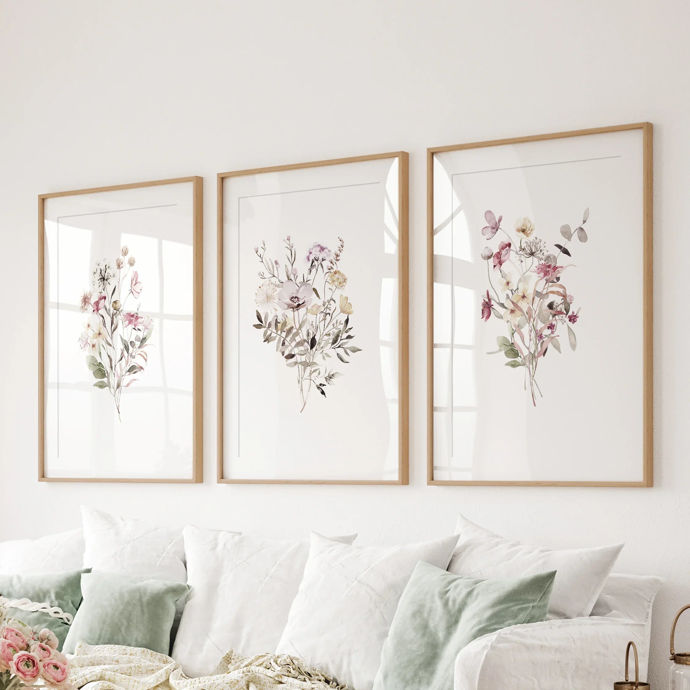 Floral Art Set of 3. Watercolor Wildflower Bouquet Prints