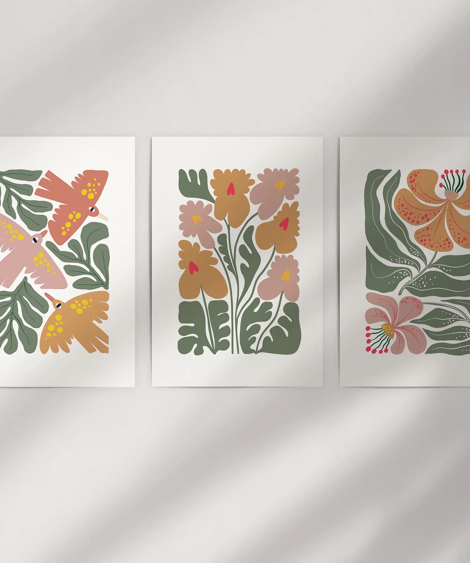Abstract Botanical Set of 3 Prints. Retro Flower Gallery Art