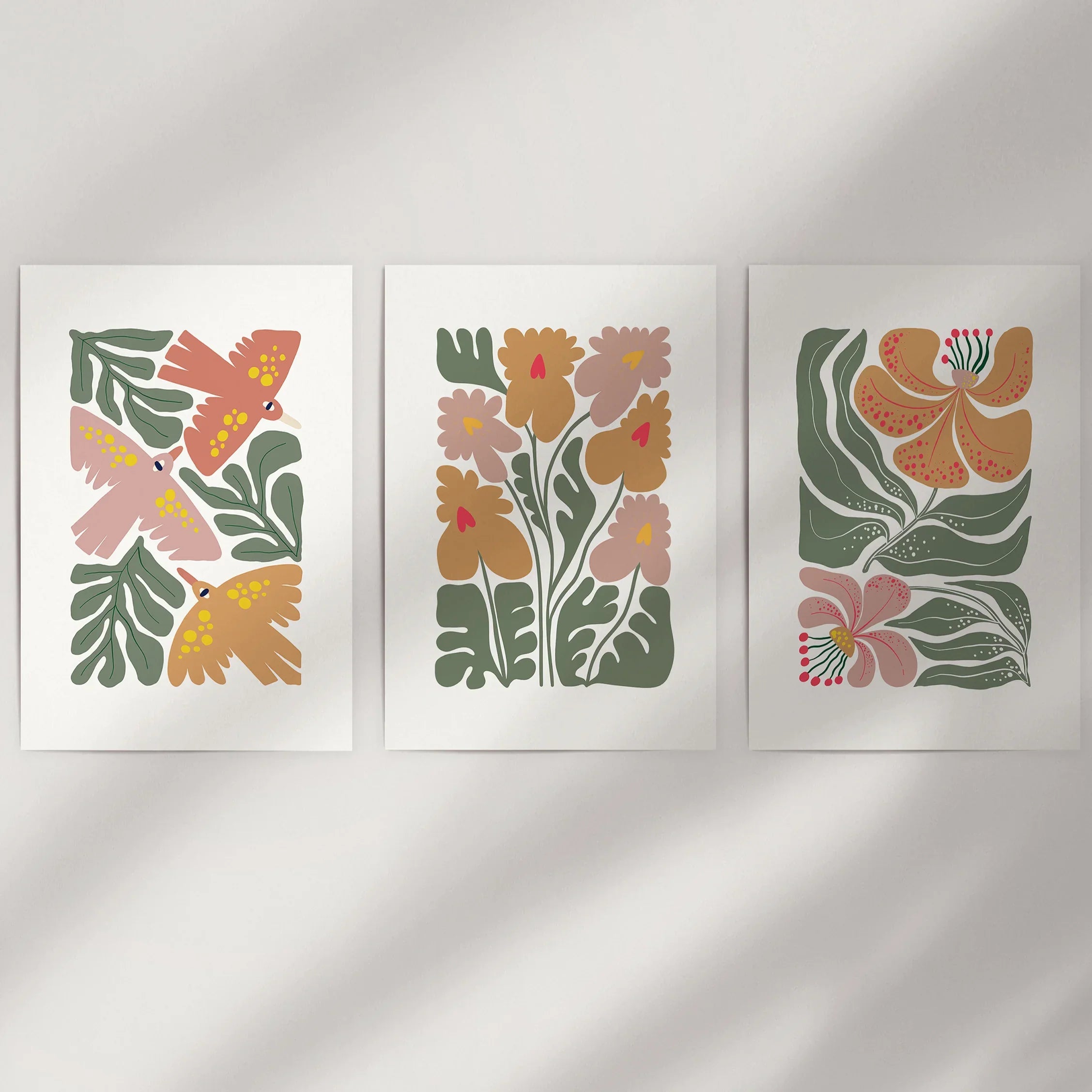 Abstract Botanical Set of 3 Prints. Retro Flower Gallery Art