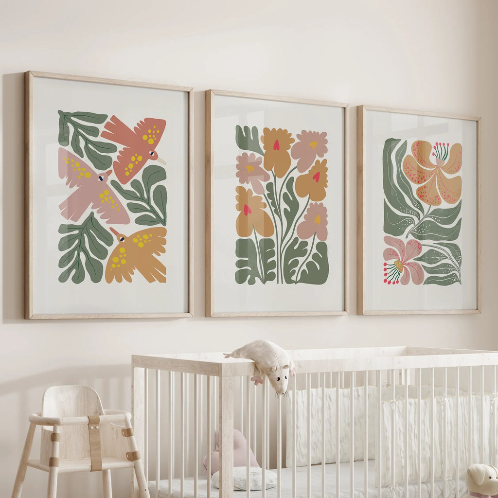 Abstract Botanical Set of 3 Prints. Retro Flower Gallery Art