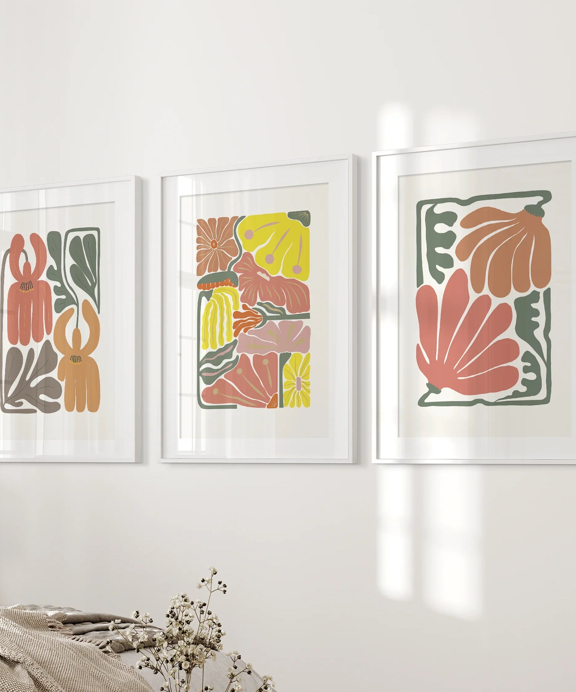 Boho Chic Botanical Decor. Set of 3 Abstract Flowers Prints