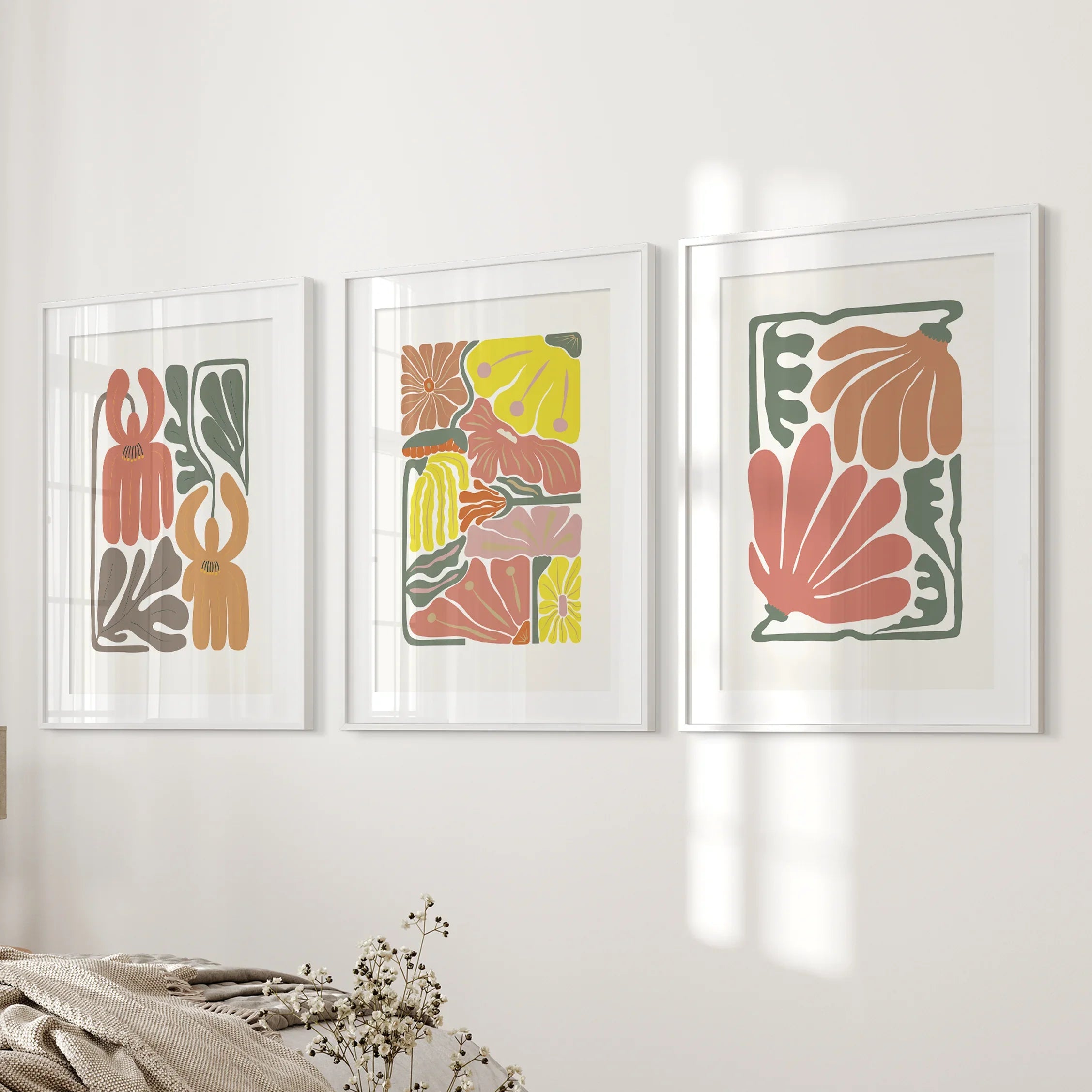 Boho Chic Botanical Decor. Set of 3 Abstract Flowers Prints