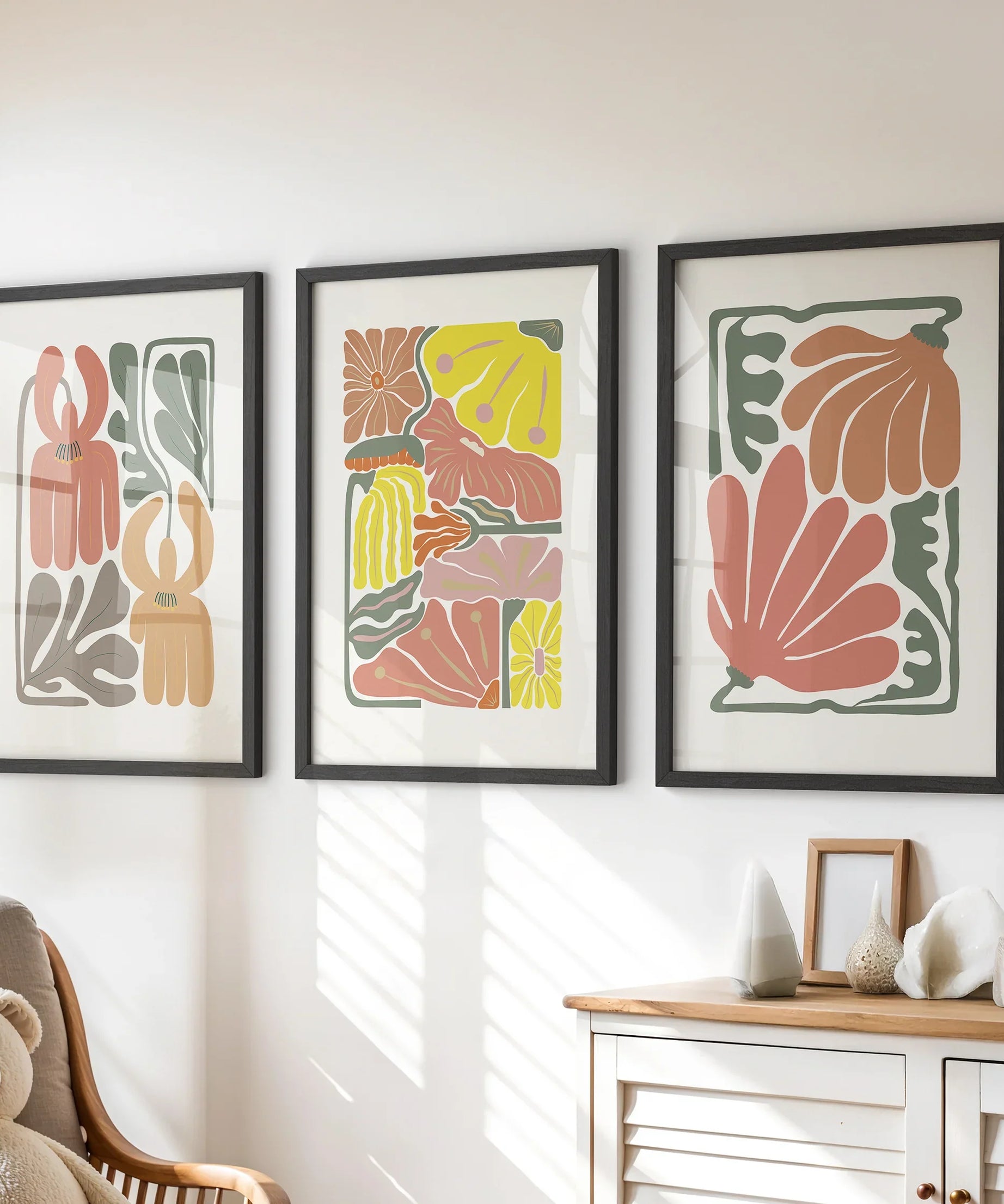 Boho Chic Botanical Decor. Set of 3 Abstract Flowers Prints
