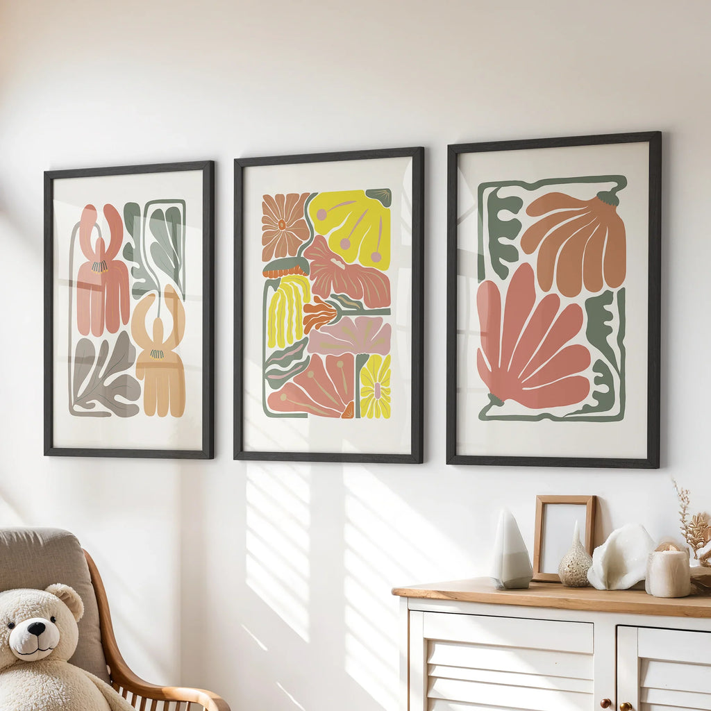 Boho Chic Botanical Decor. Set of 3 Abstract Flowers Prints