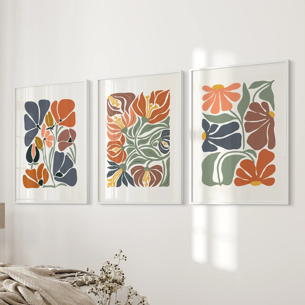 Boho Botanical Set of 3 Wall Art. Abstract Flowers Prints