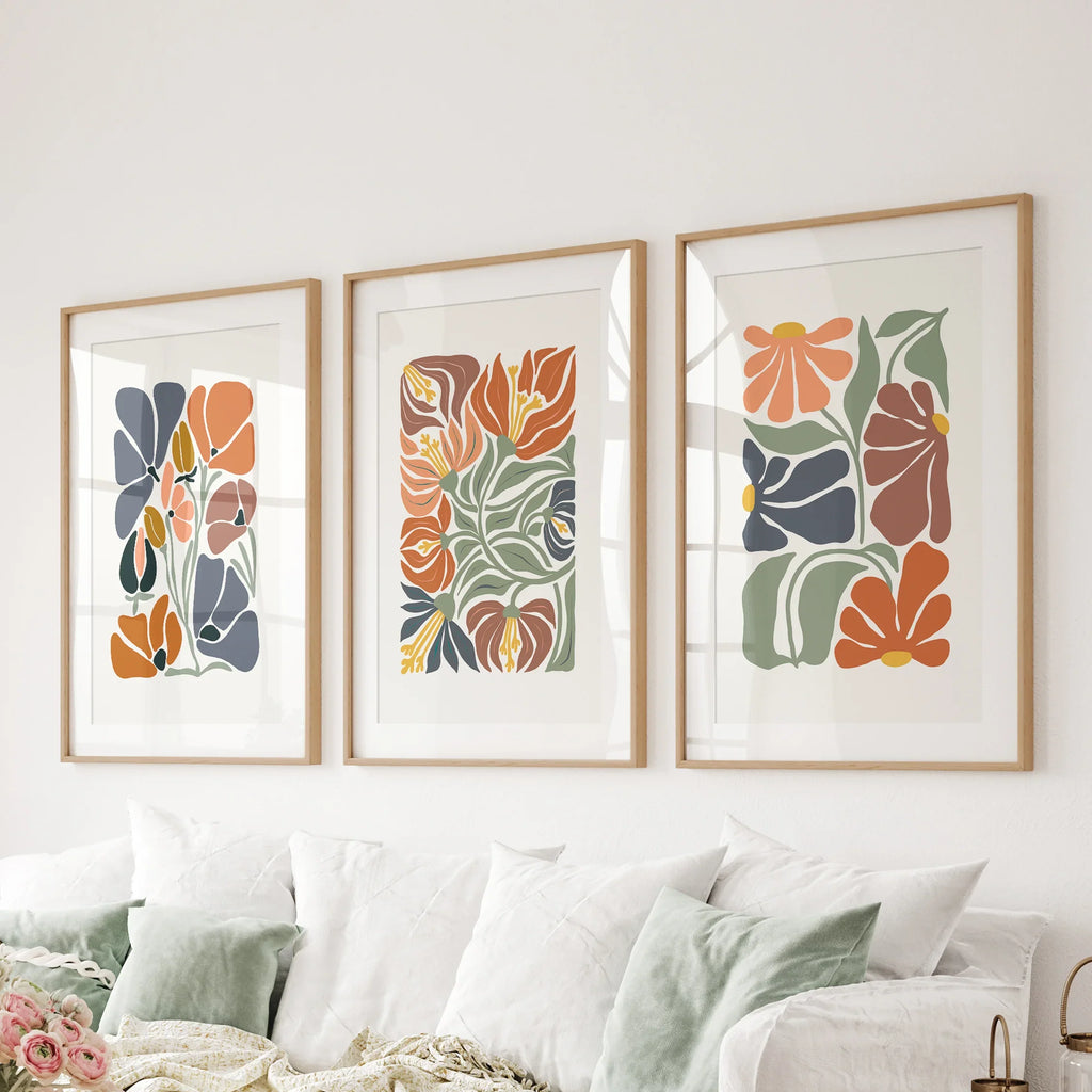 Boho Botanical Set of 3 Wall Art. Abstract Flowers Prints