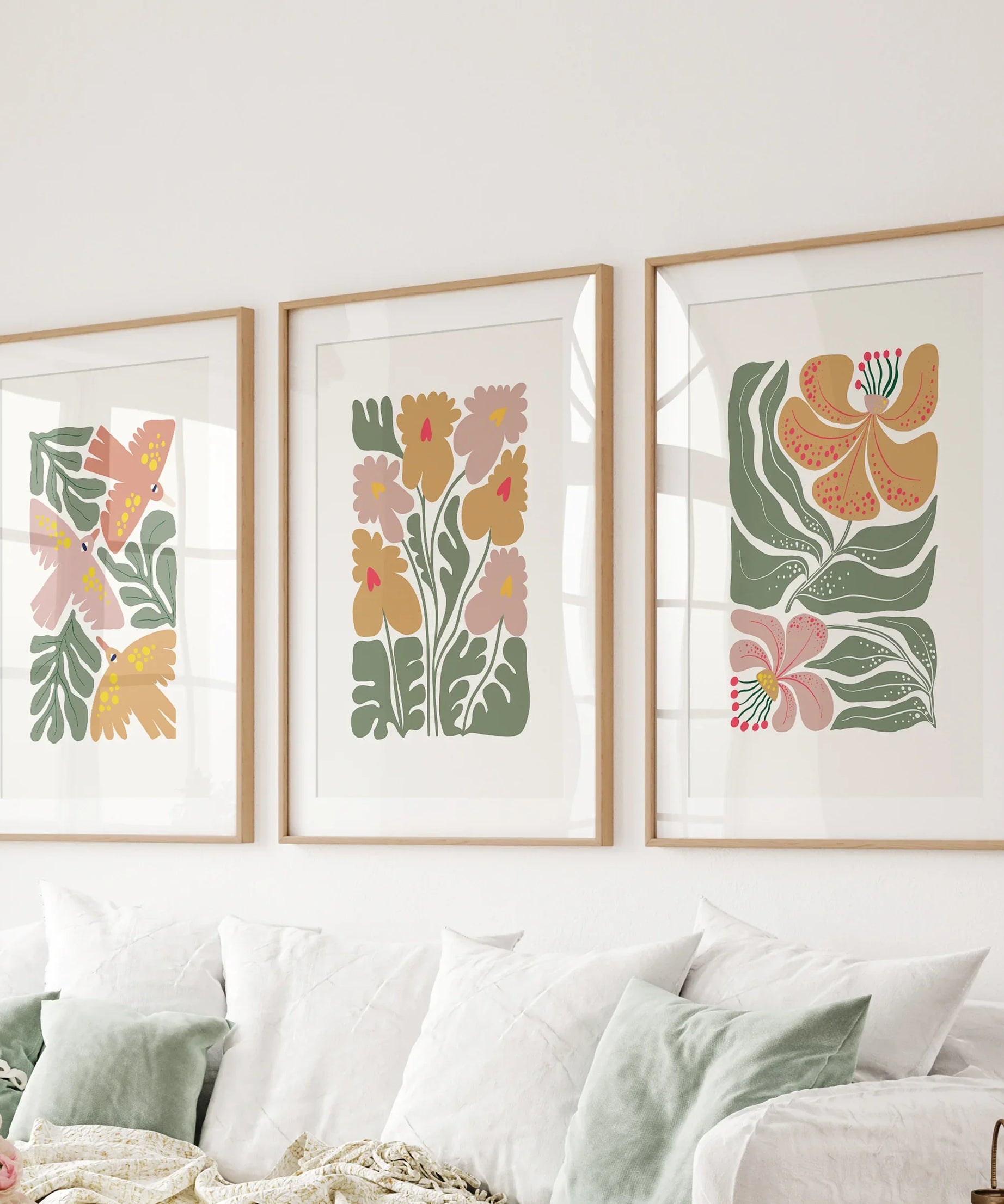 Abstract Botanical Set of 3 Prints. Retro Flower Gallery Art