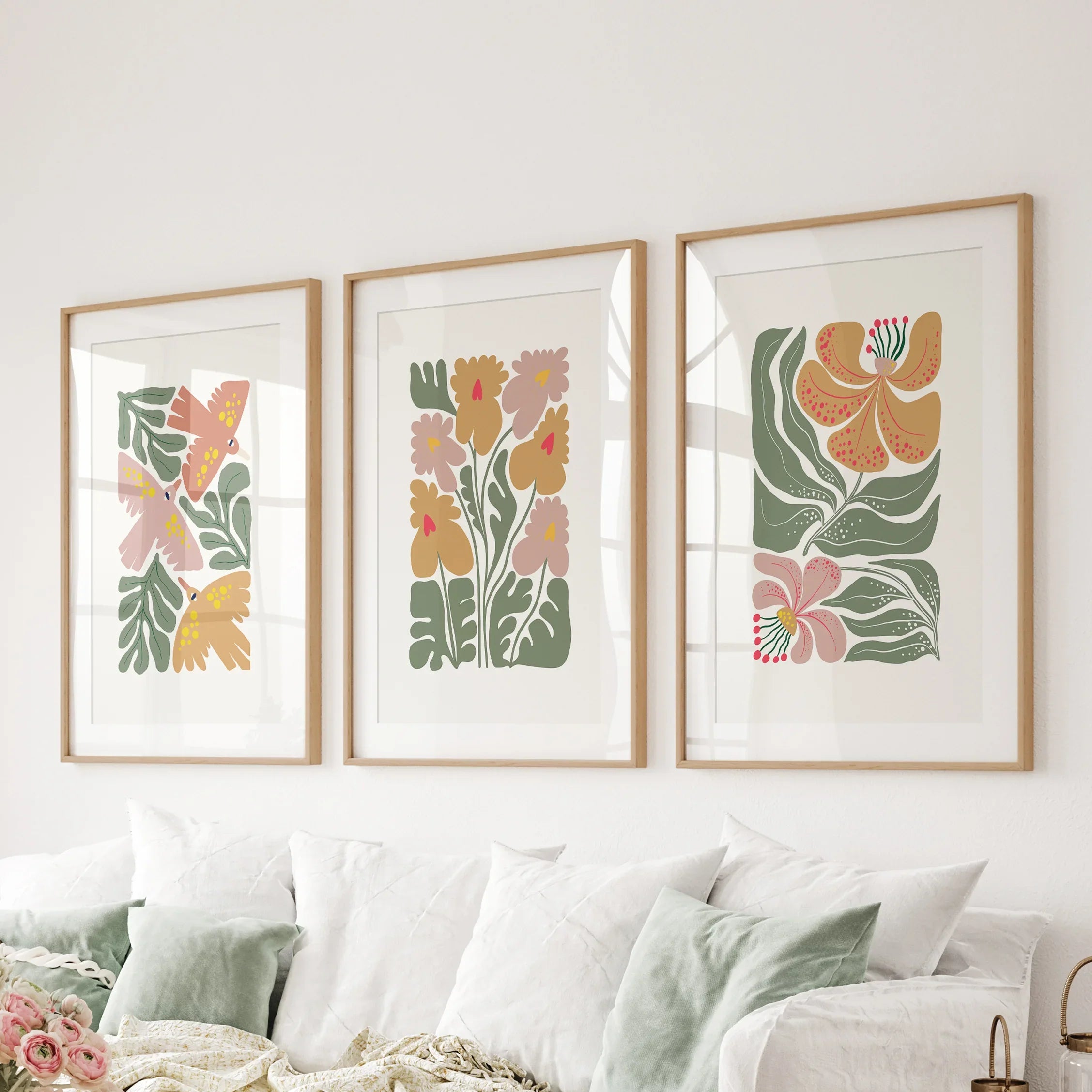 Abstract Botanical Set of 3 Prints. Retro Flower Gallery Art