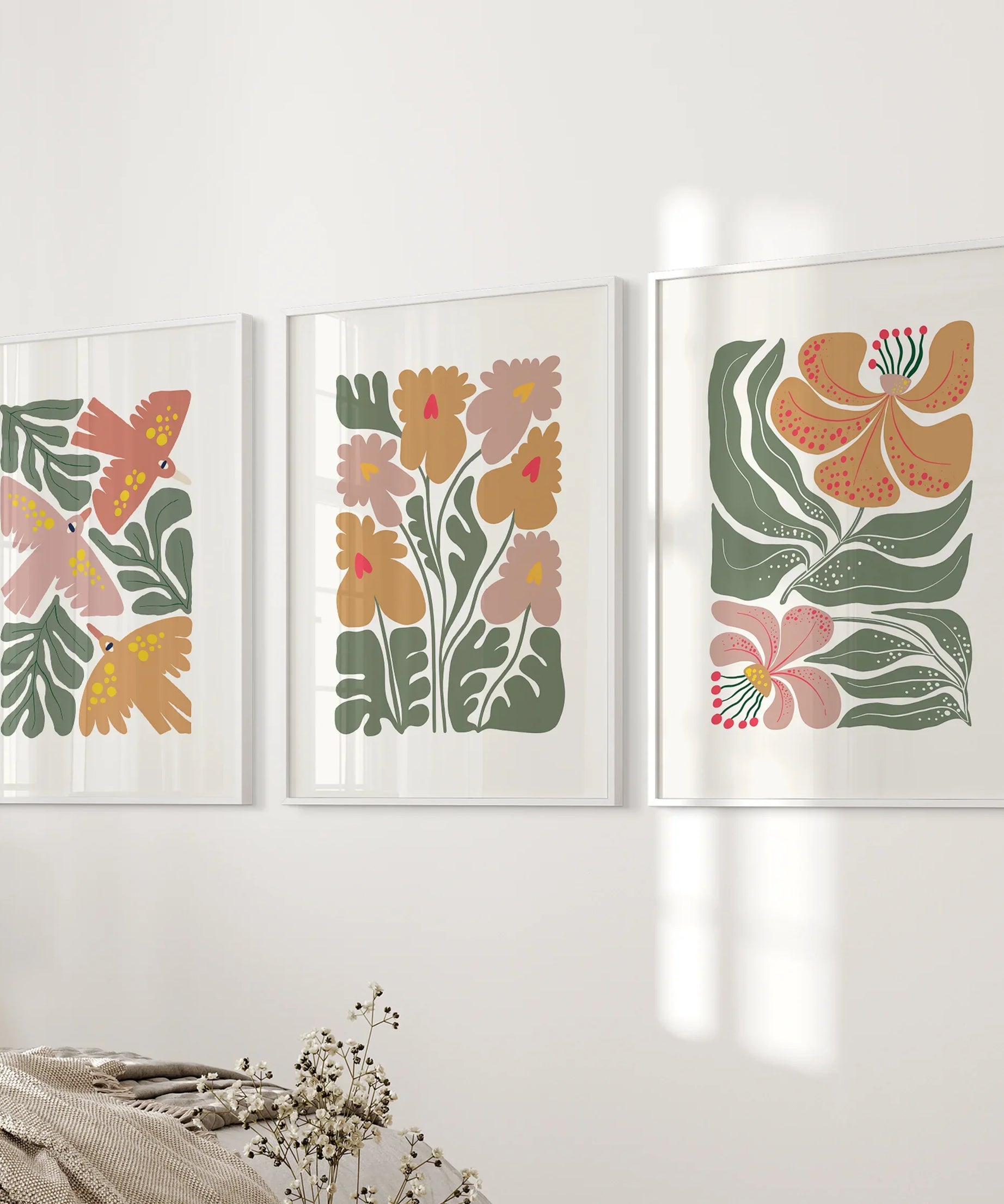 Abstract Botanical Set of 3 Prints. Retro Flower Gallery Art