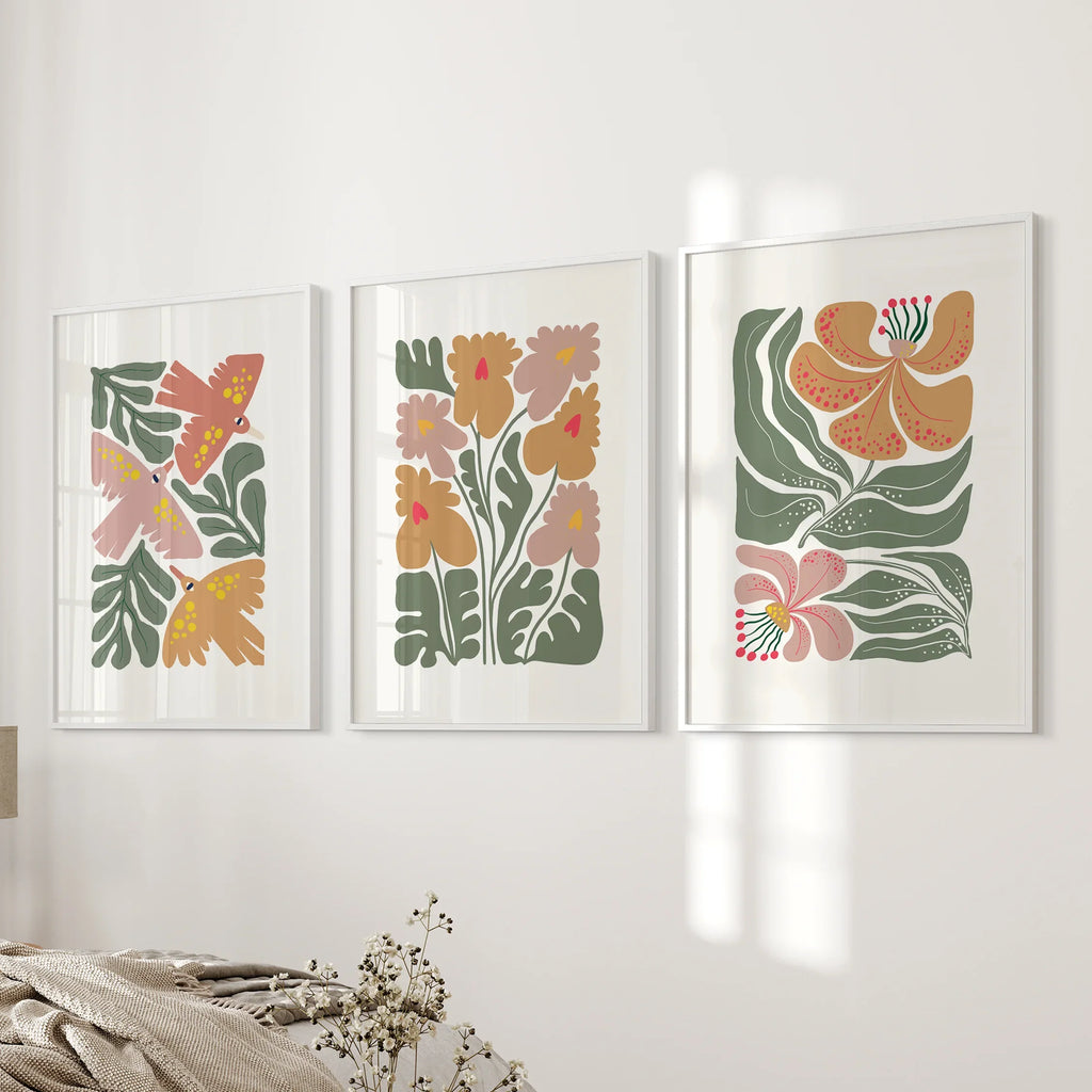Abstract Botanical Set of 3 Prints. Retro Flower Gallery Art