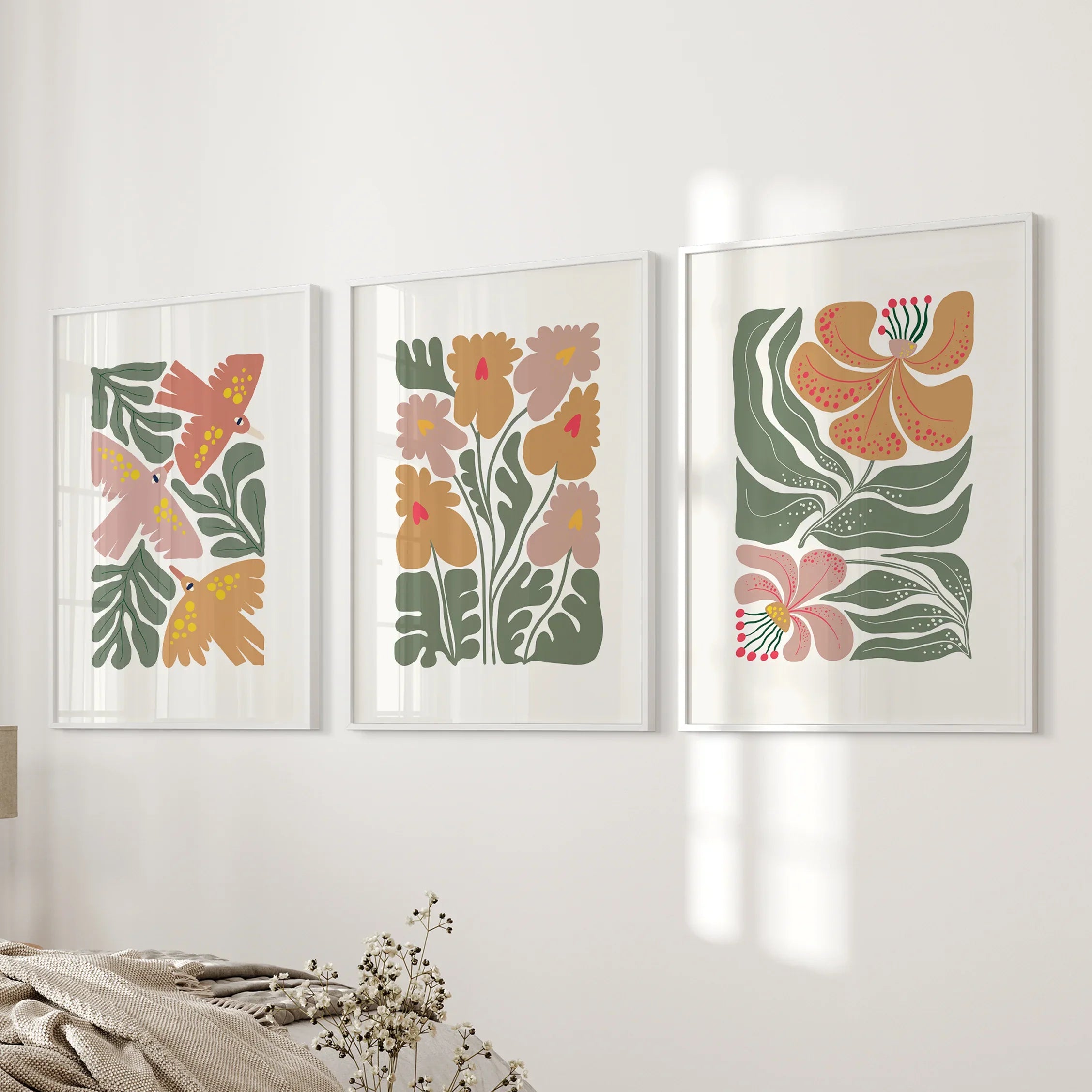 Abstract Botanical Set of 3 Prints. Retro Flower Gallery Art