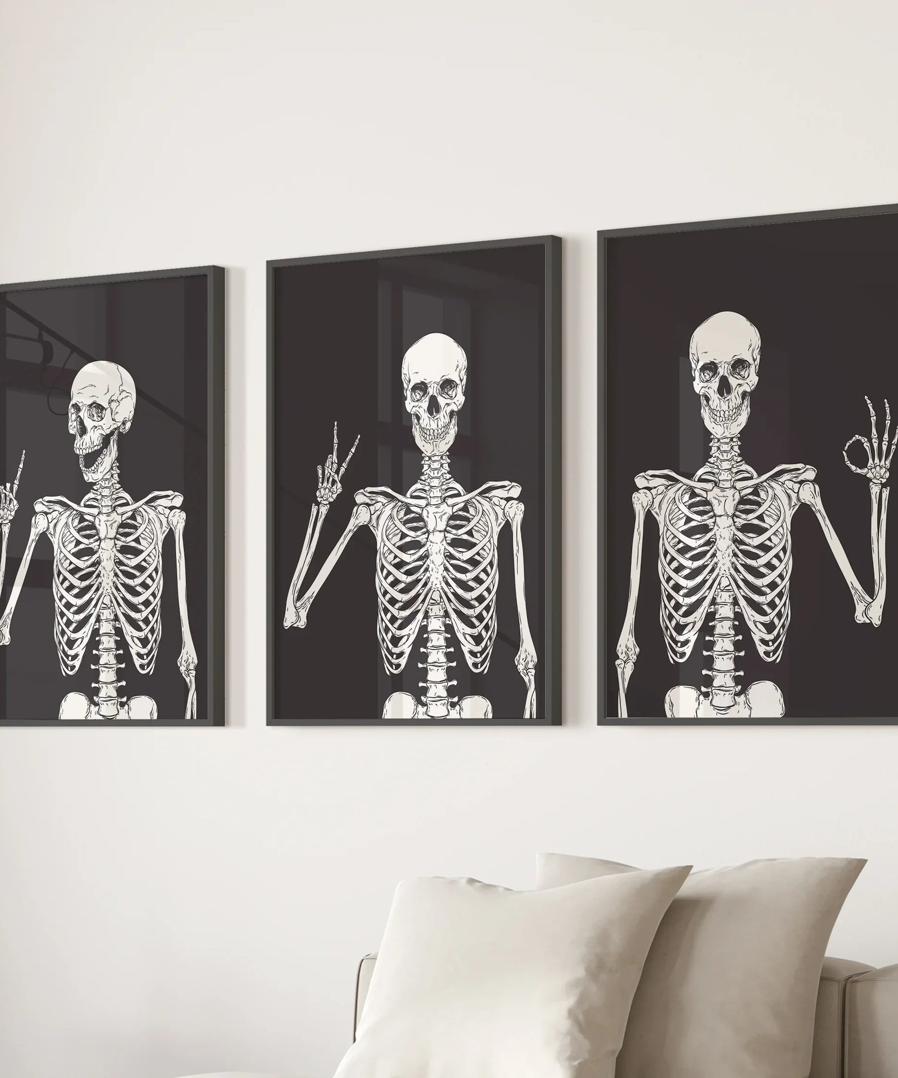 Halloween Skeleton Wall Art Set. 3 Piece Black Gothic Prints