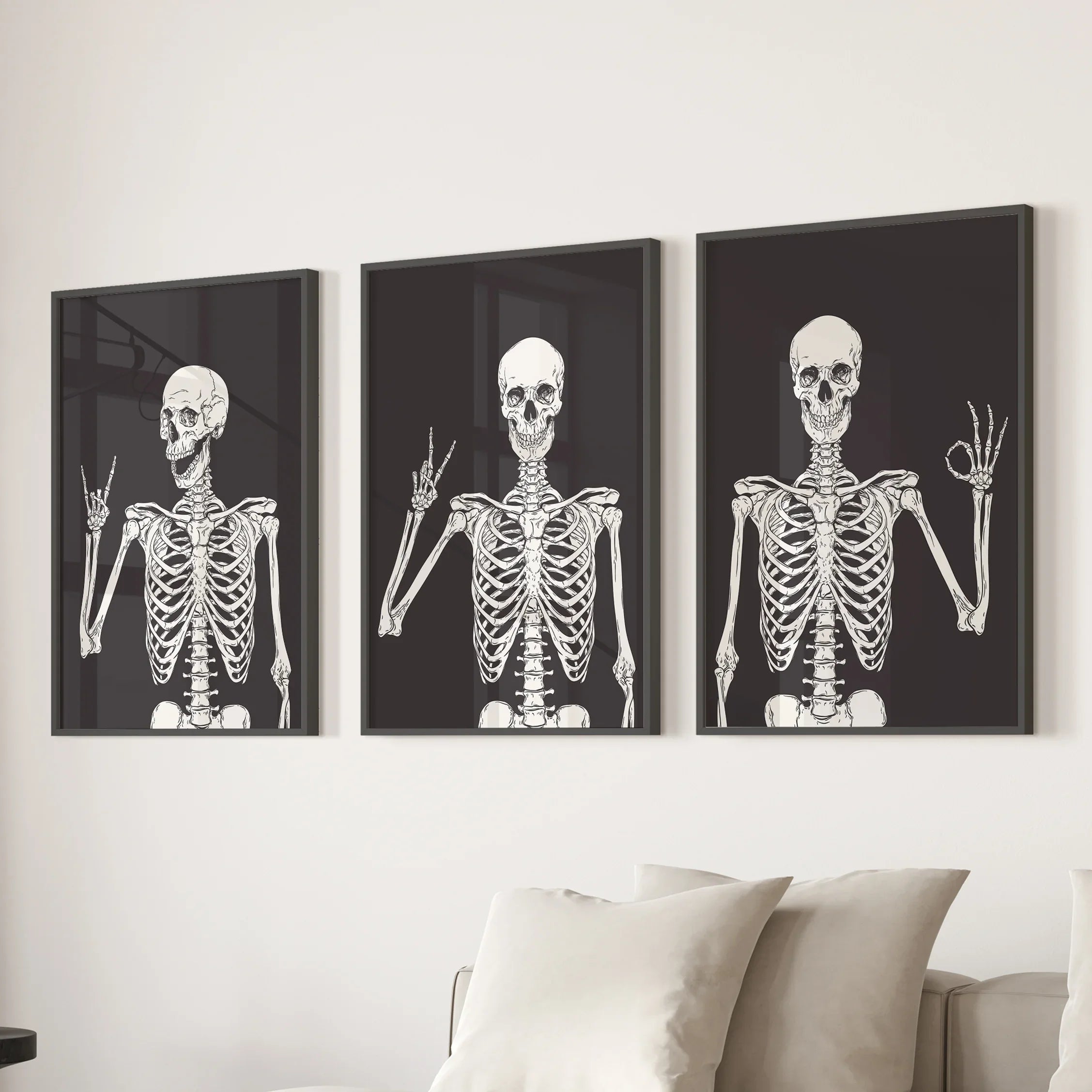 Halloween Skeleton Wall Art Set. 3 Piece Black Gothic Prints