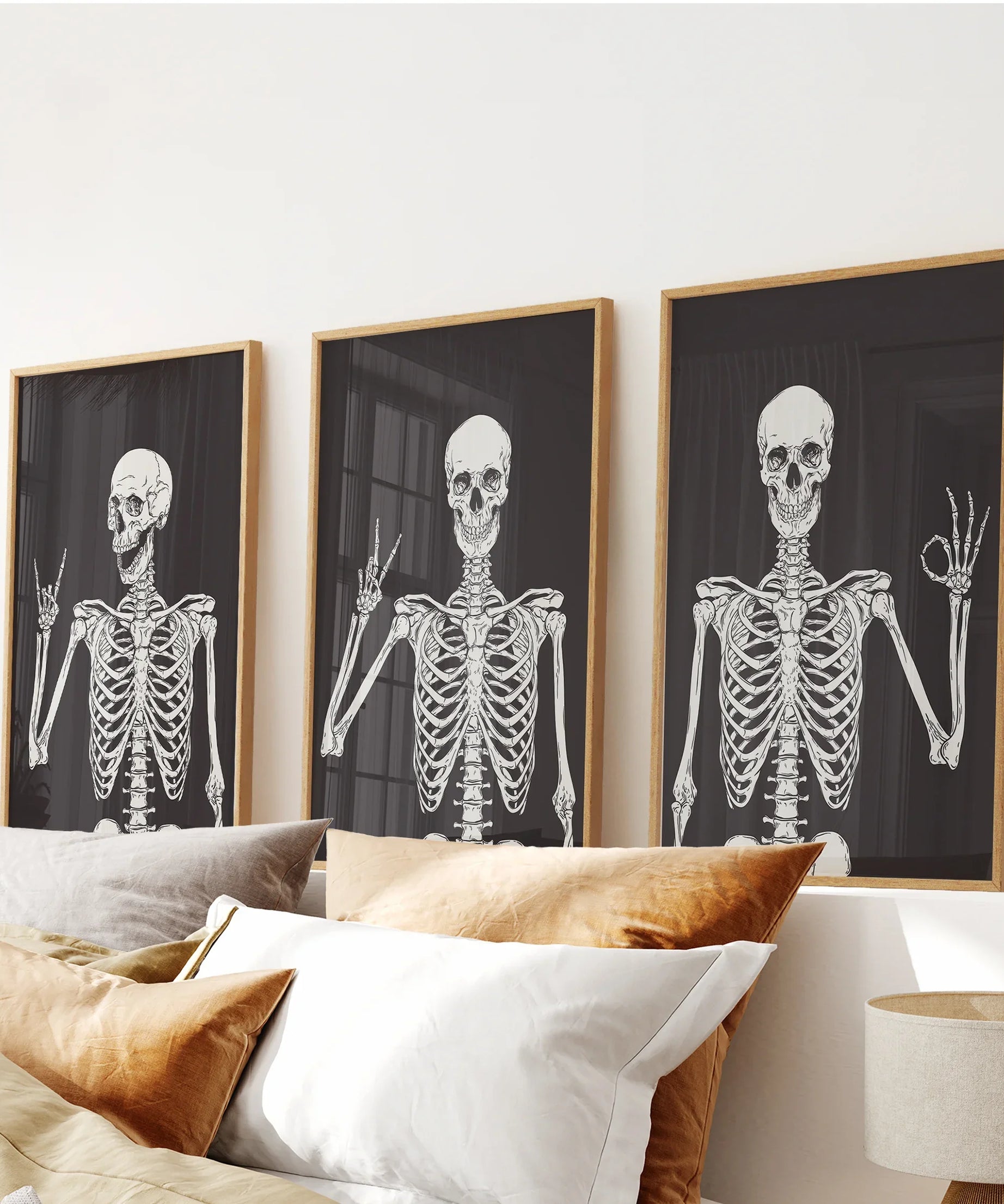 Halloween Skeleton Wall Art Set. 3 Piece Black Gothic Prints