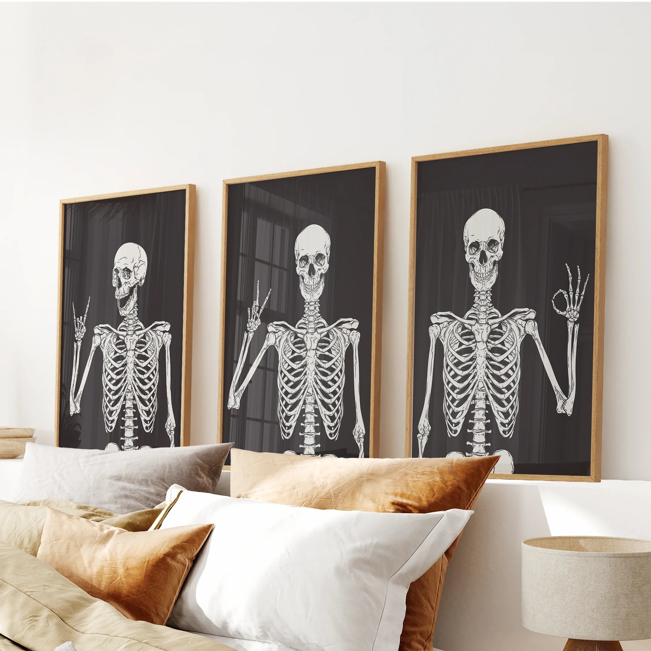 Halloween Skeleton Wall Art Set. 3 Piece Black Gothic Prints