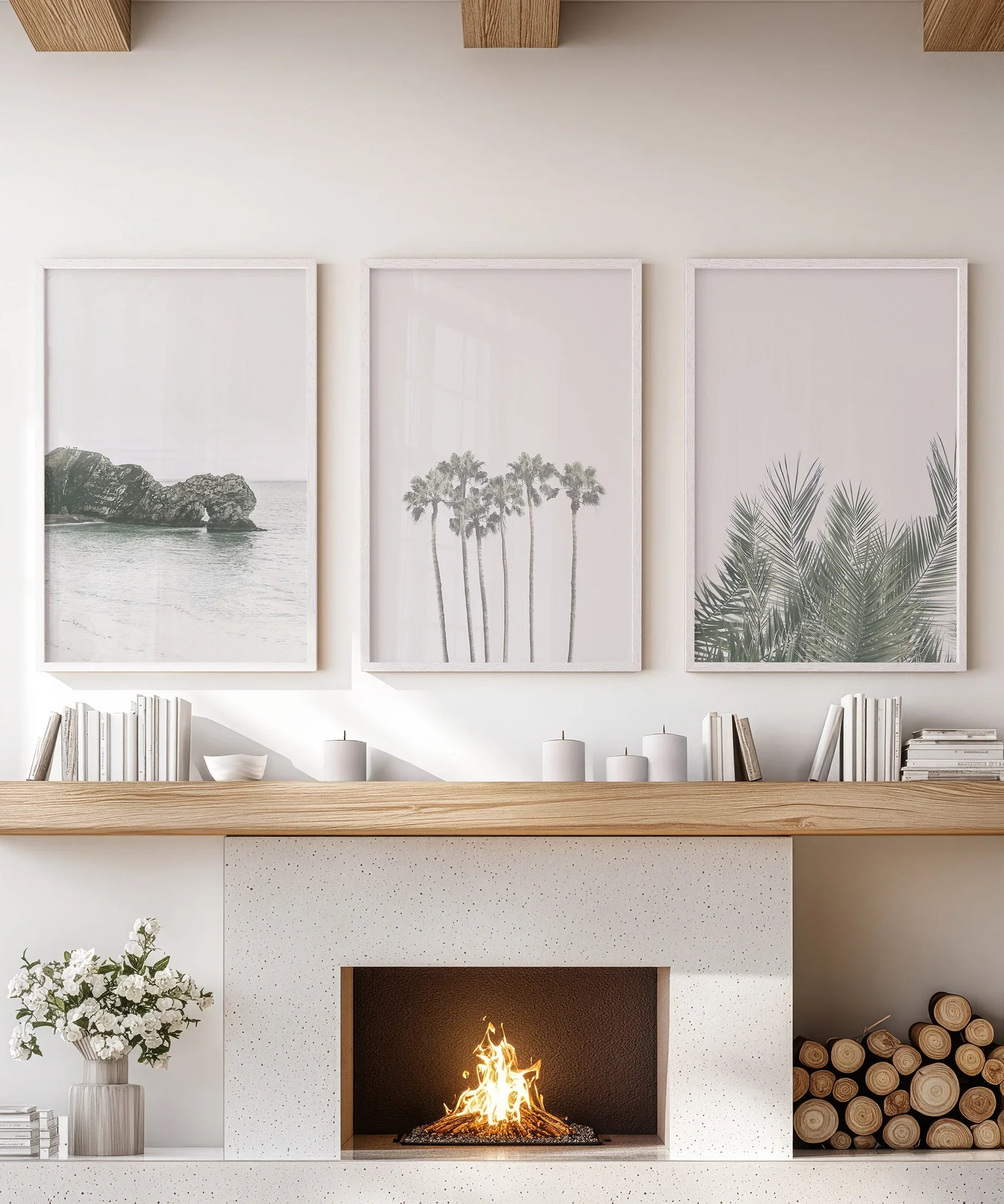 Modern Coastal Wall Art. Ocean Rock, Palms, Tropical Leaf