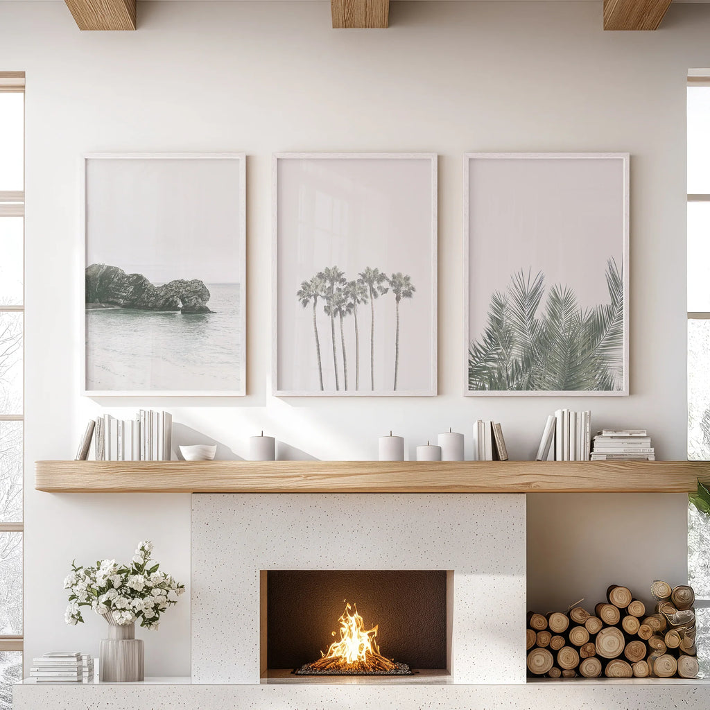 Modern Coastal Wall Art. Ocean Rock, Palms, Tropical Leaf