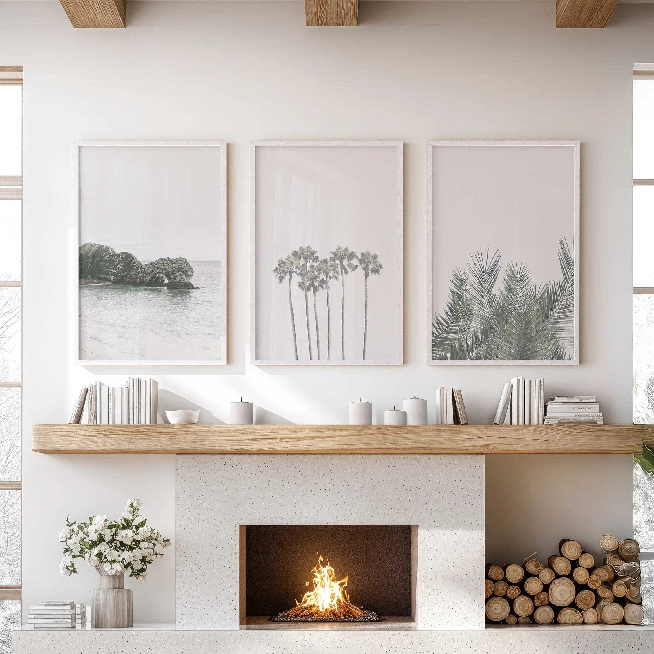 Modern Coastal Wall Art. Ocean Rock, Palms, Tropical Leaf