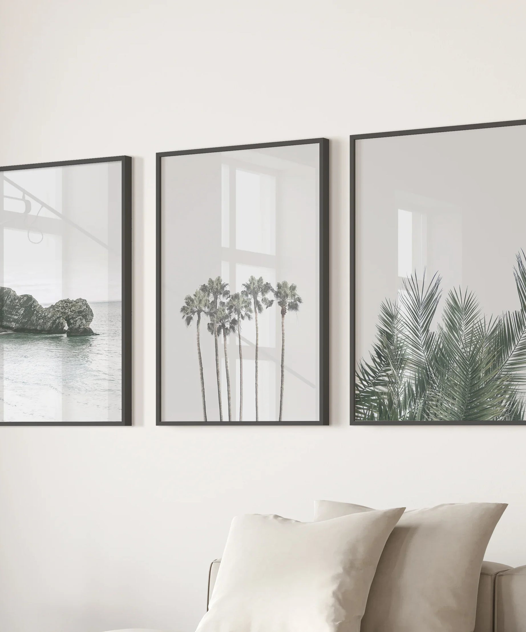 Modern Coastal Wall Art. Ocean Rock, Palms, Tropical Leaf