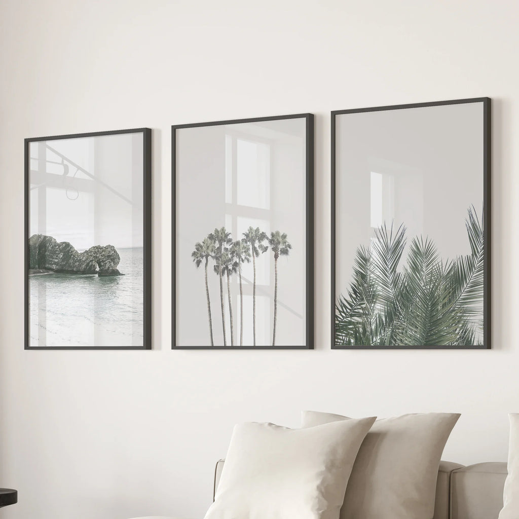Modern Coastal Wall Art. Ocean Rock, Palms, Tropical Leaf