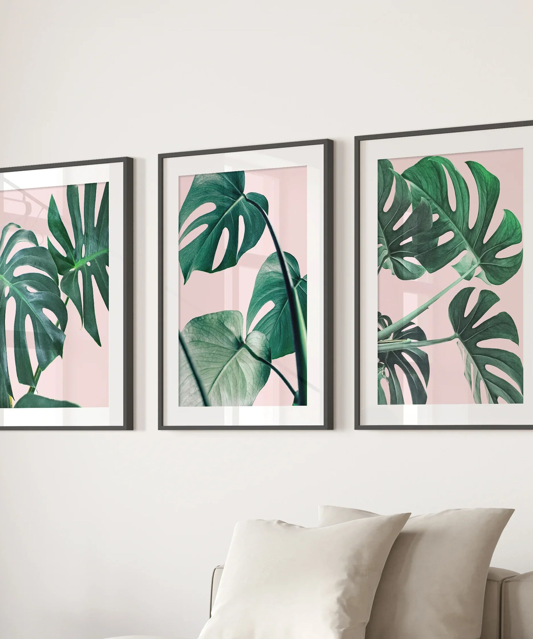 Pink Botanical 3 Piece Wall Art. Green Monstera Leaves Print