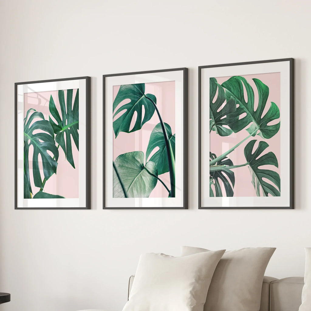 Pink Botanical 3 Piece Wall Art. Green Monstera Leaves Print