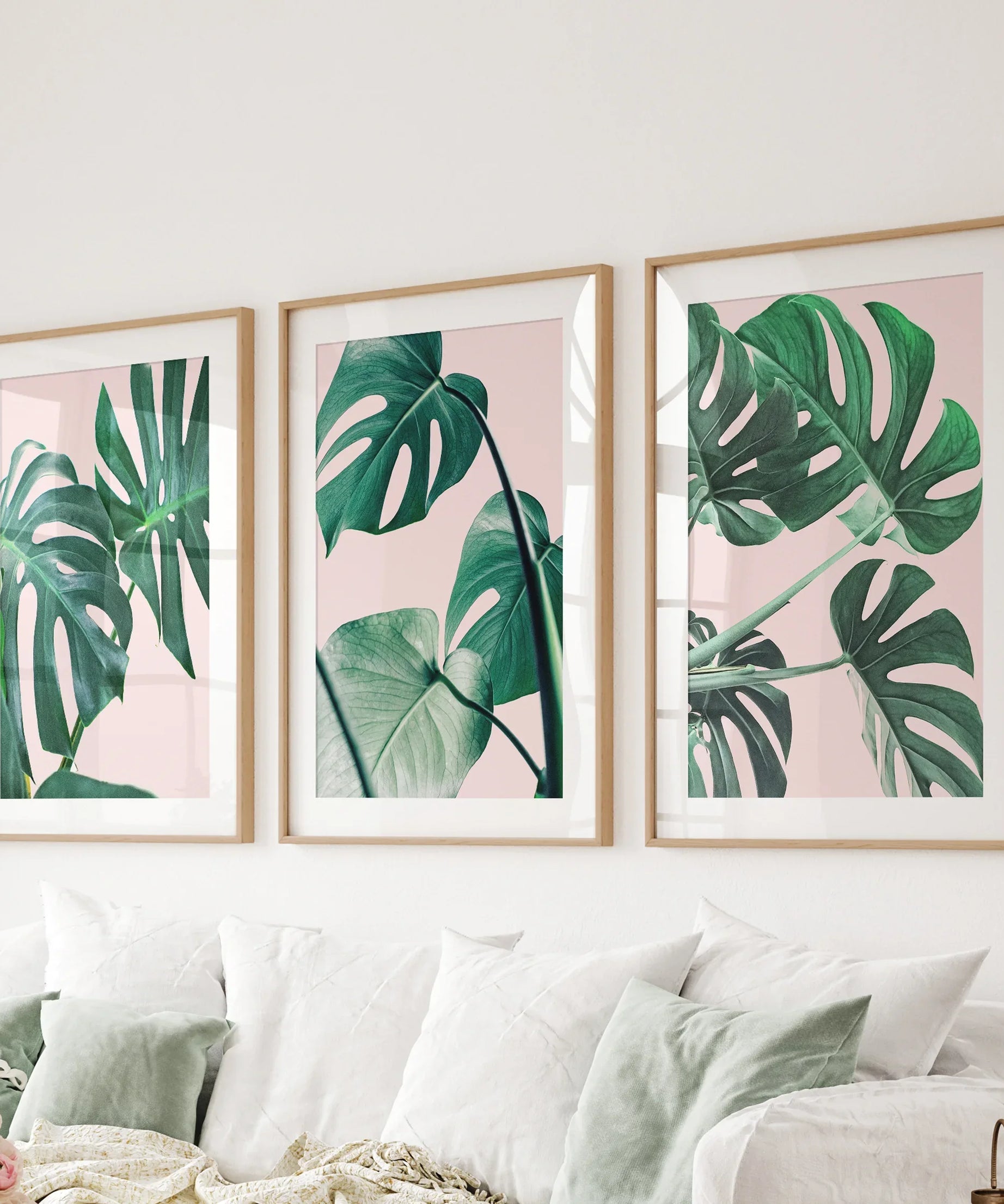 Pink Botanical 3 Piece Wall Art. Green Monstera Leaves Print