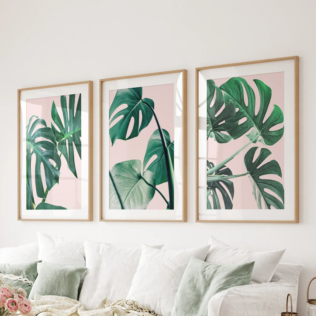 Pink Botanical 3 Piece Wall Art. Green Monstera Leaves Print