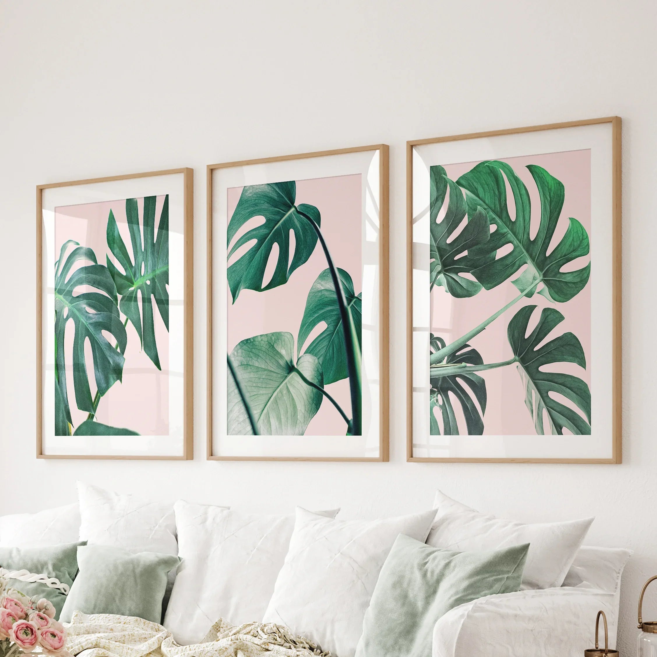Pink Botanical 3 Piece Wall Art. Green Monstera Leaves Print