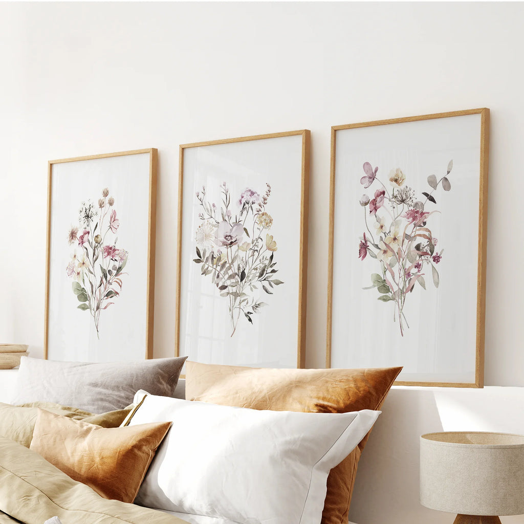 Floral Art Set of 3. Watercolor Wildflower Bouquet Prints