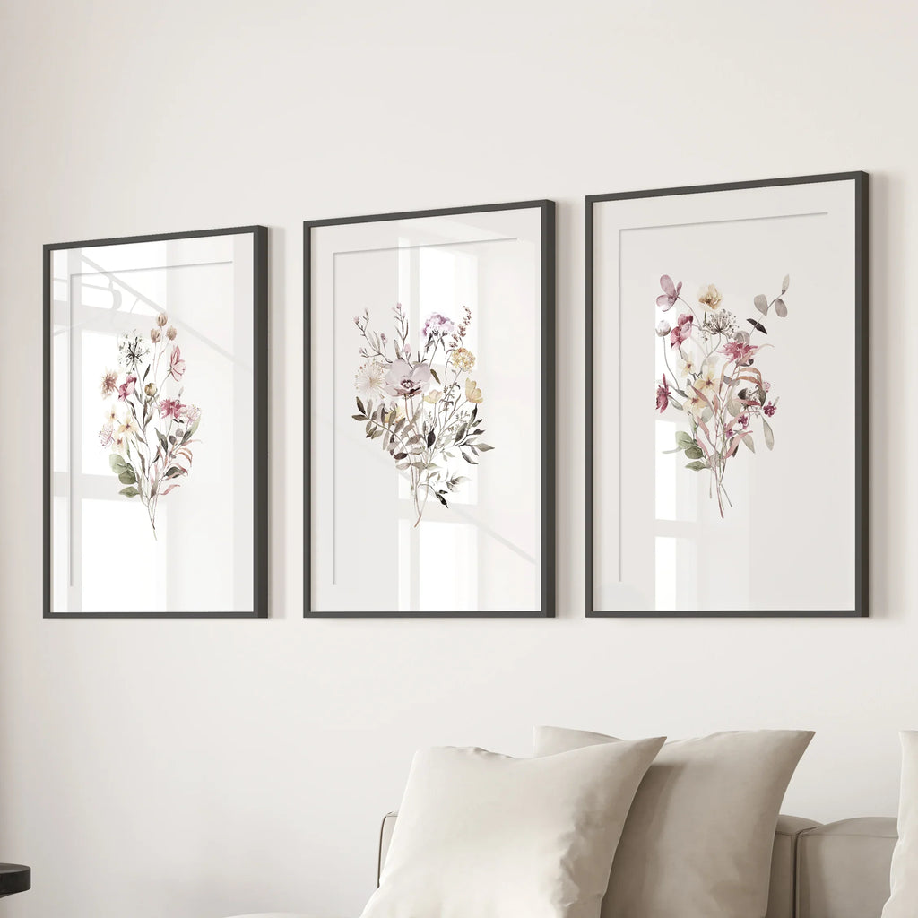 Floral Art Set of 3. Watercolor Wildflower Bouquet Prints