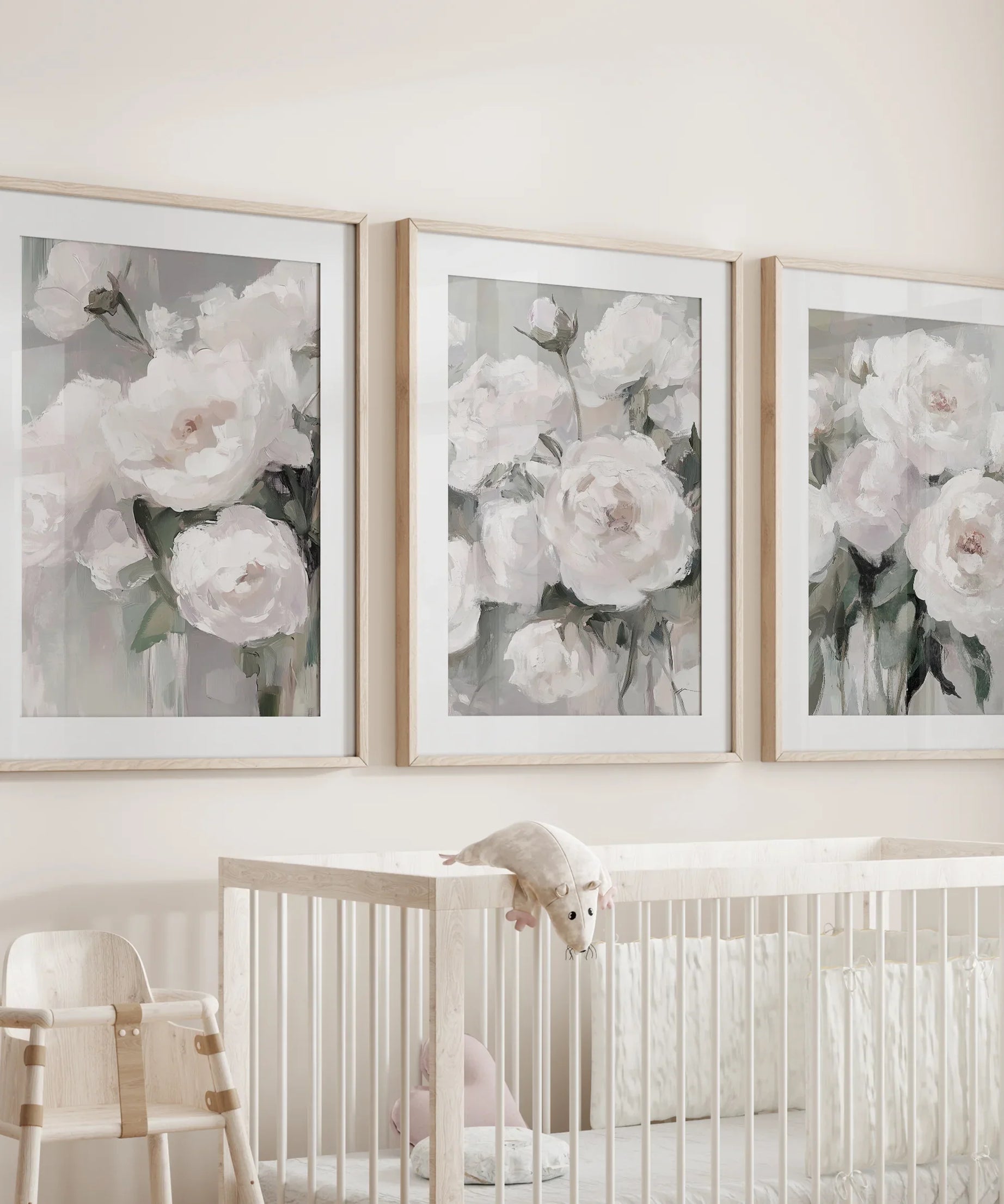 Romantic White Flower 3 Piece Wall Art. Peony Painting Print