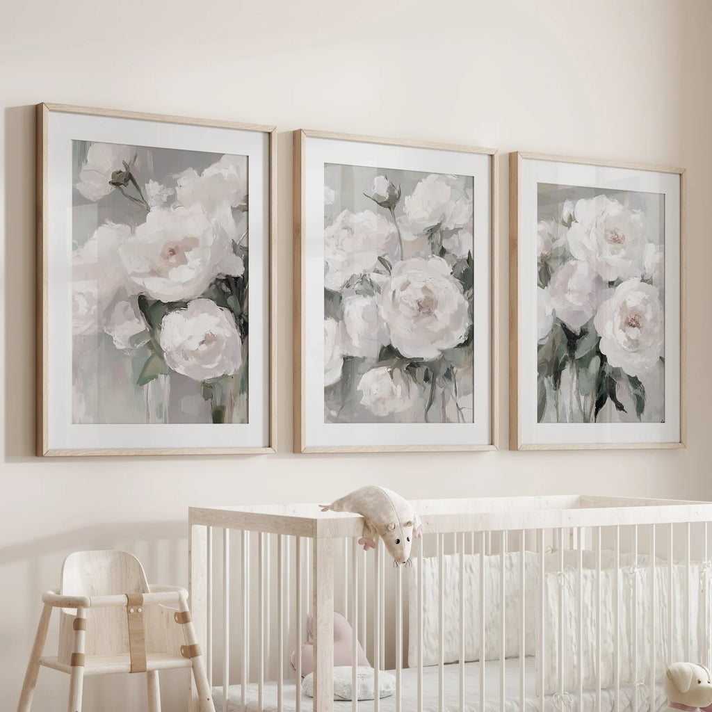 Romantic White Flower 3 Piece Wall Art. Peony Painting Print