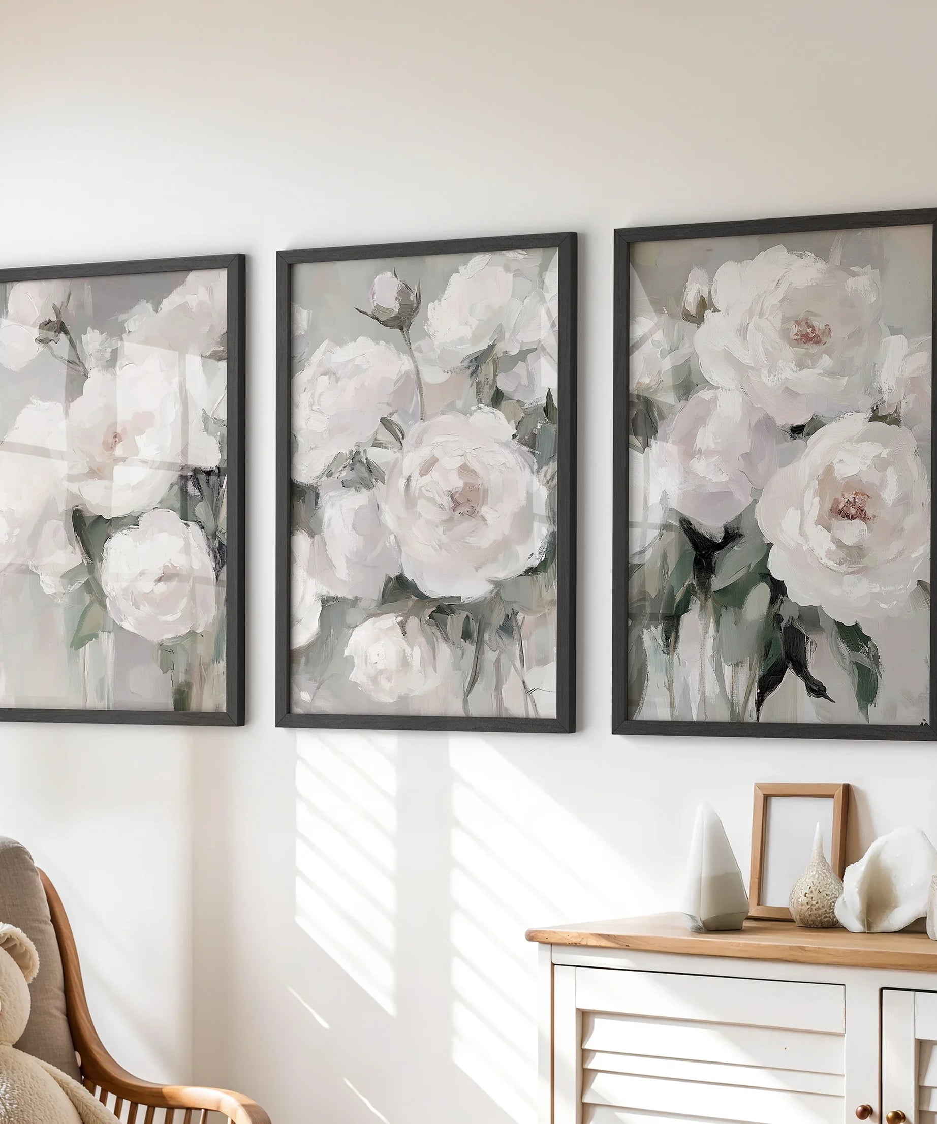 Romantic White Flower 3 Piece Wall Art. Peony Painting Print