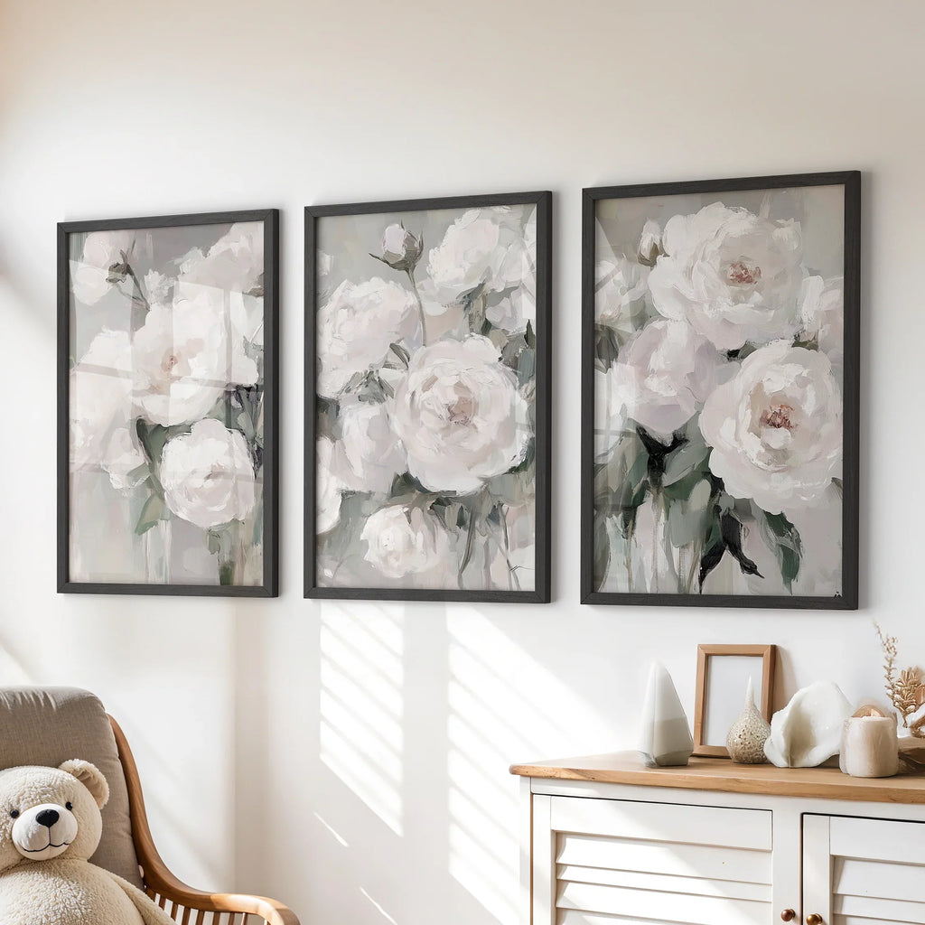 Romantic White Flower 3 Piece Wall Art. Peony Painting Print