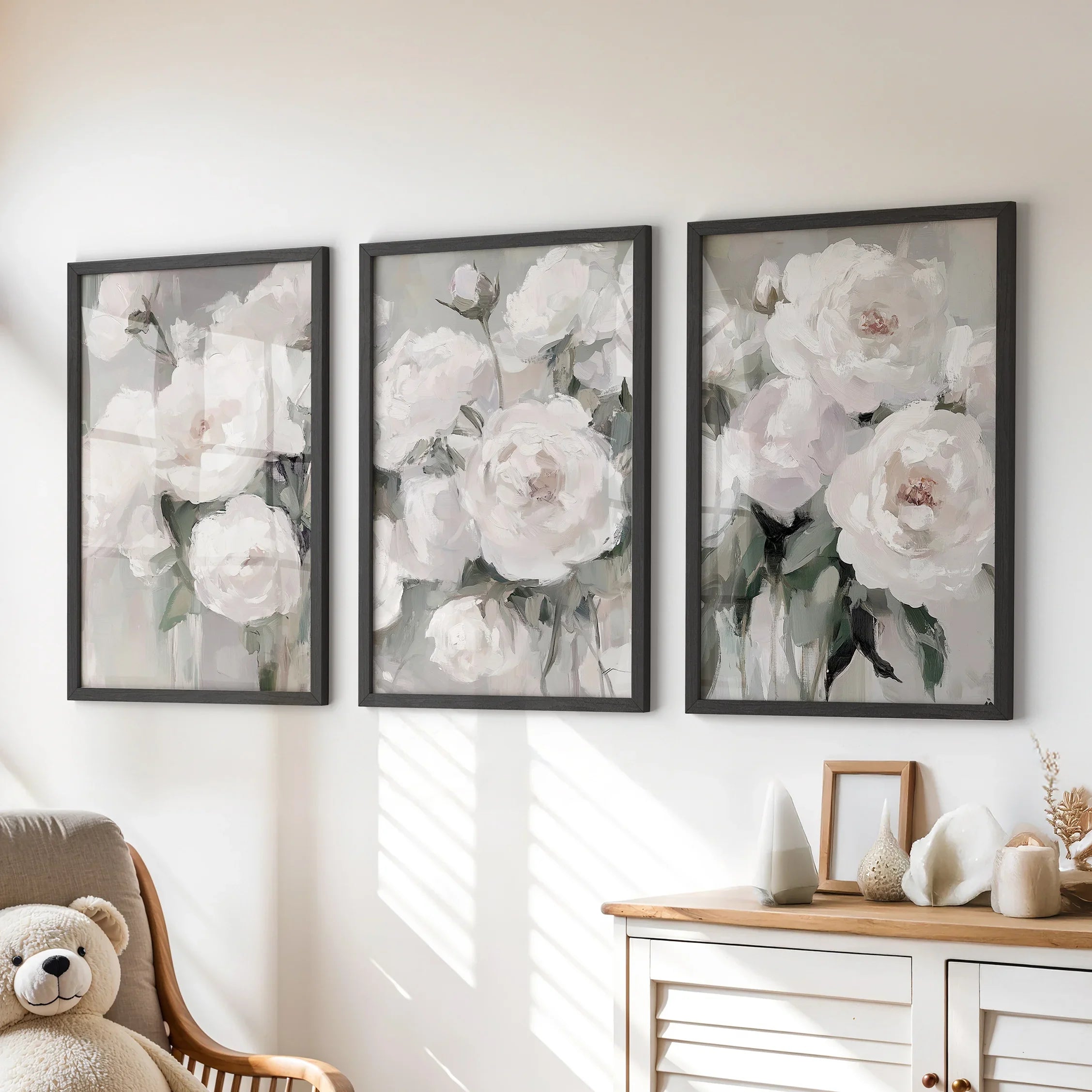 Romantic White Flower 3 Piece Wall Art. Peony Painting Print
