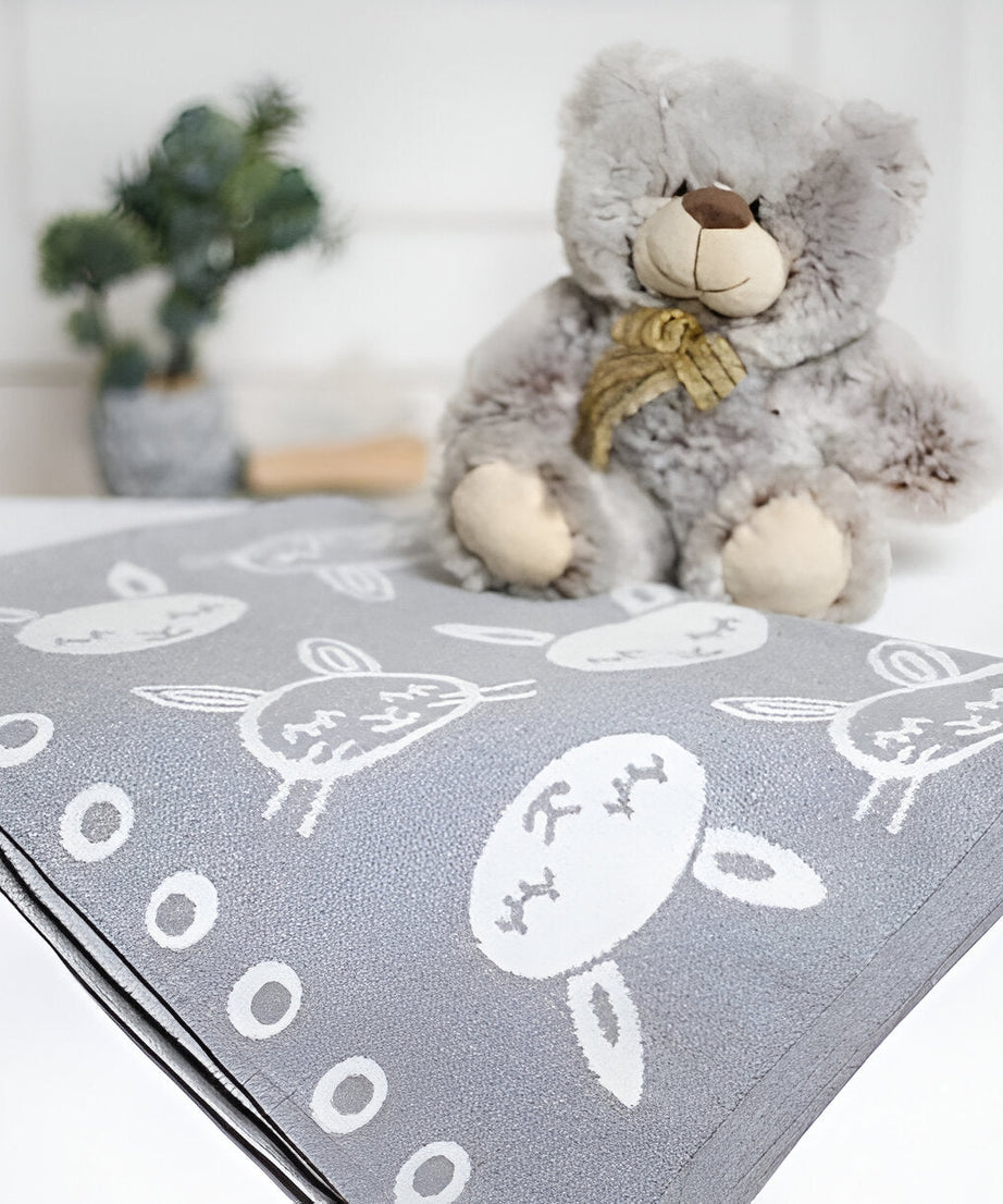 Bunny Grey Knitted Cotton Baby Blanket