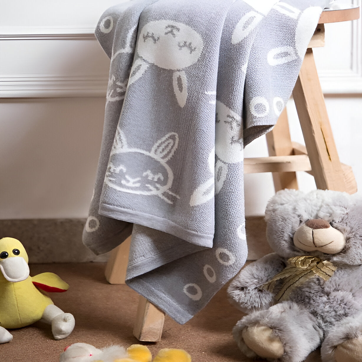 Bunny Grey Knitted Cotton Baby Blanket