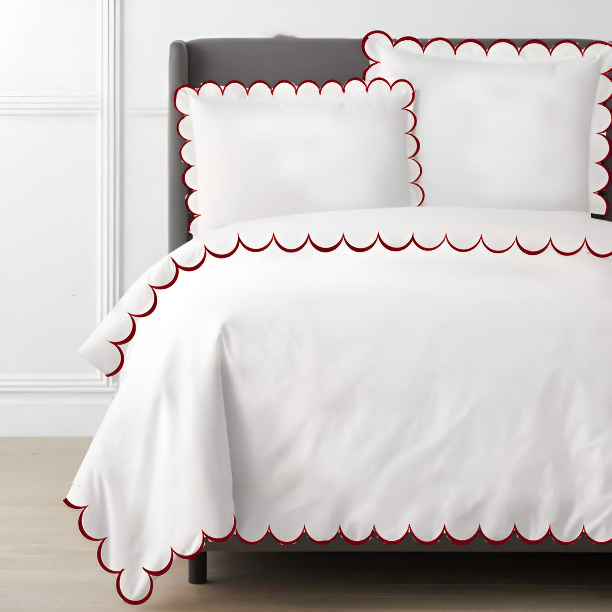 Allena 400TC Cotton Scallop Embroidery Sateen Solid Duvet Cover Set