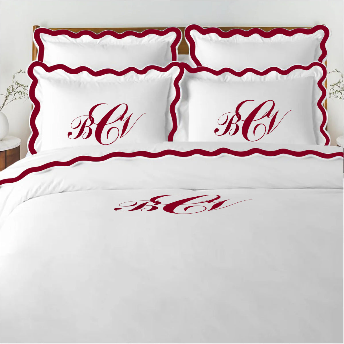 Monogram 400TC Applique Scalloped Embroidery Cotton Duvet Cover Set
