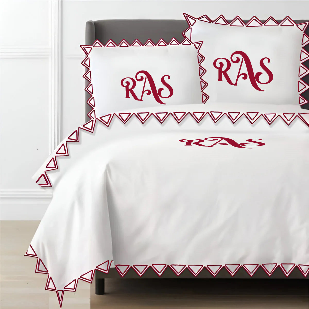 Monogram Ashley 400TC Cotton Traingle Embroidery Sateen Solid Duvet Cover Set