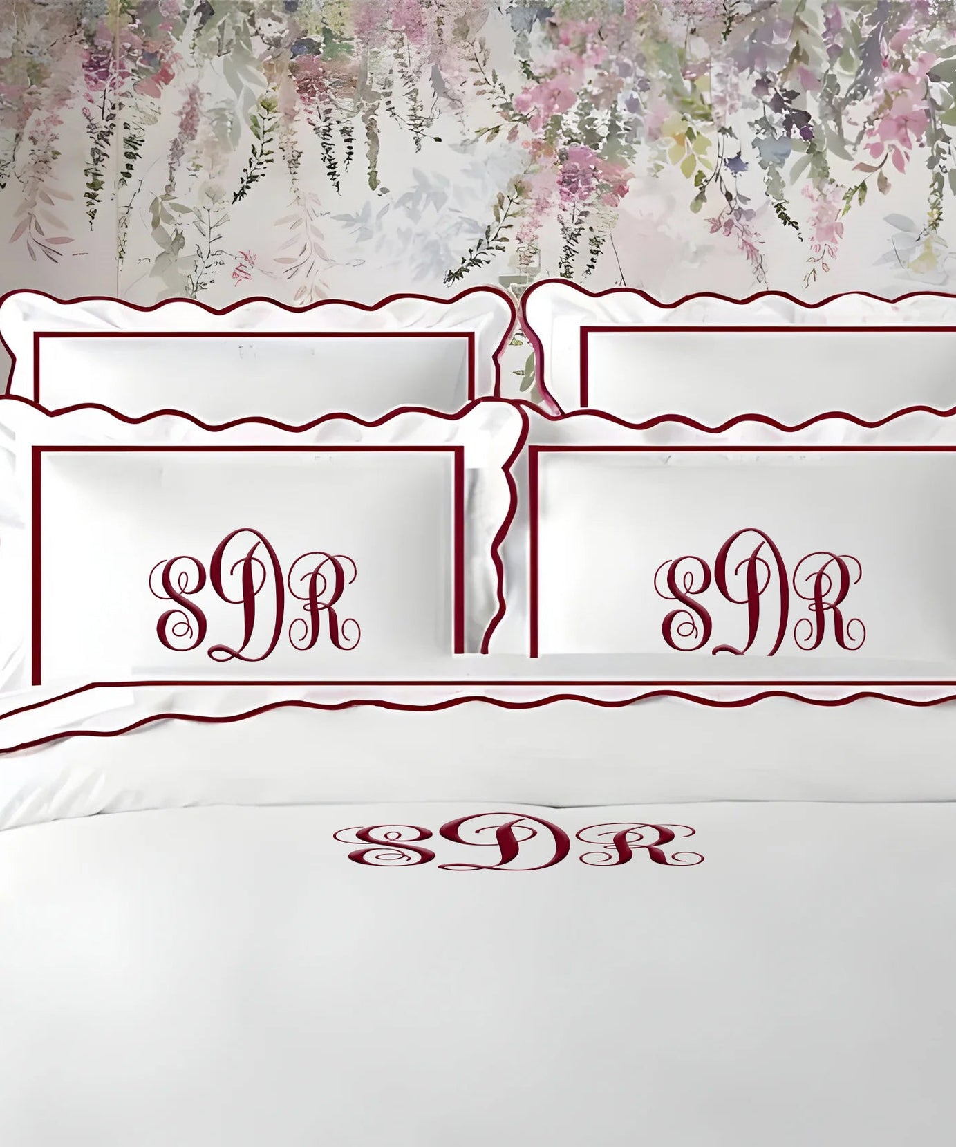 Monogram 400TC Cotton Scallop Embroidery & Border Sateen Solid Duvet Cover Set