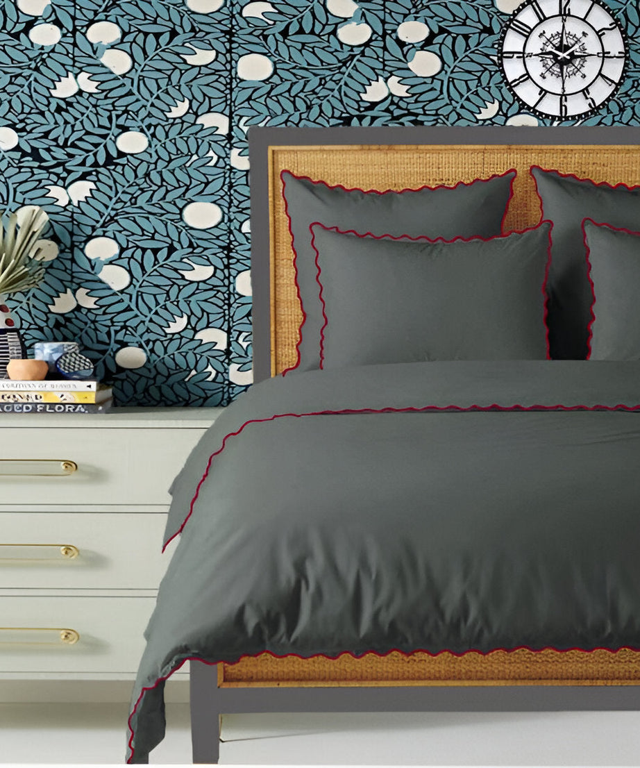 Dark Grey 400TC Cotton Small Scallop Embroidery Duvet Cover Set