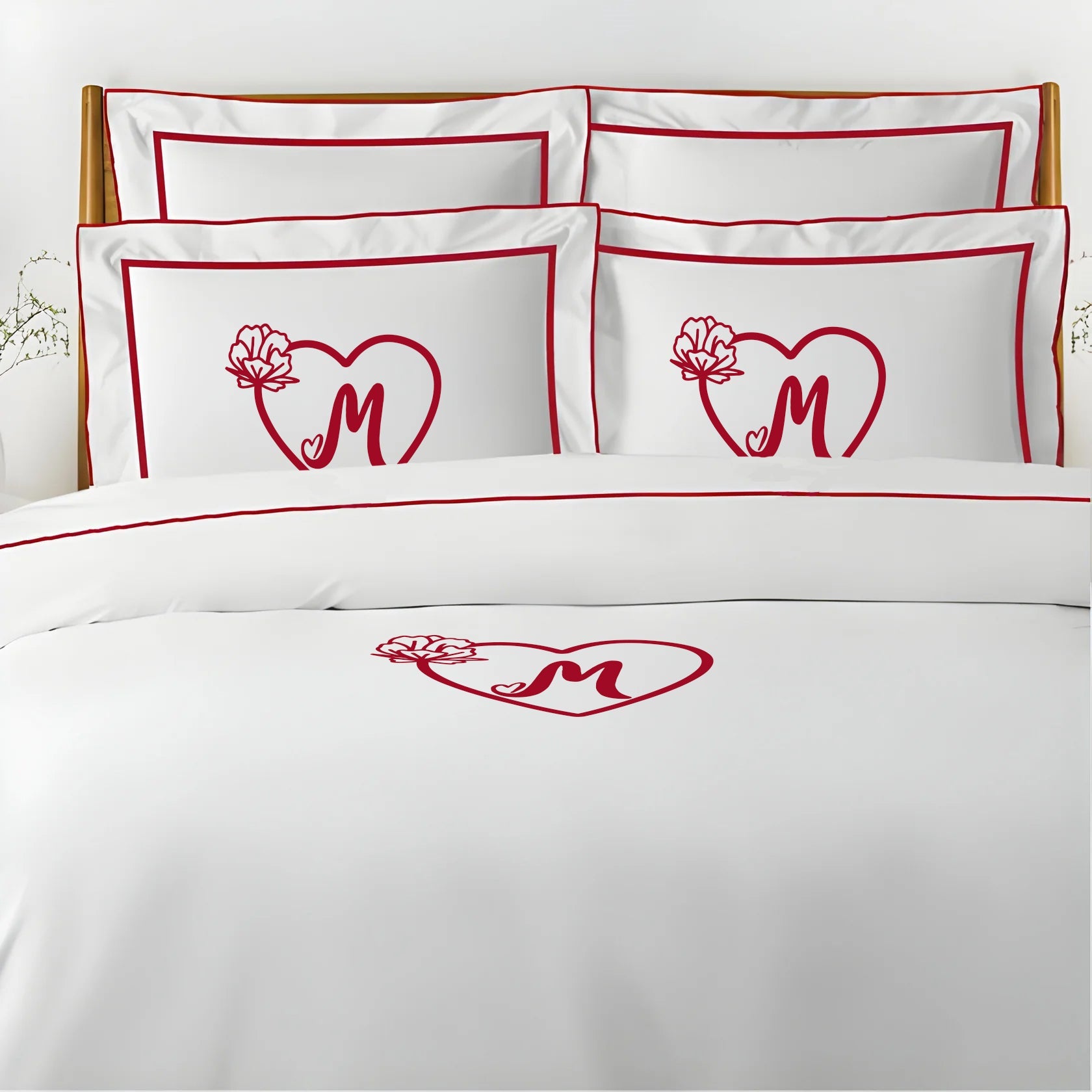 Monogram Embroidery & Border Cotton Sateen Solid Duvet Cover Set