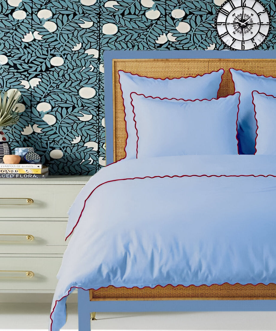Light Blue 400TC Cotton Small Scallop Embroidery Duvet Cover Set