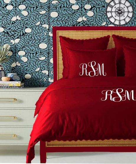 Monogram Burgundy 400TC Cotton Small Scallop Embroidery Duvet Cover Set